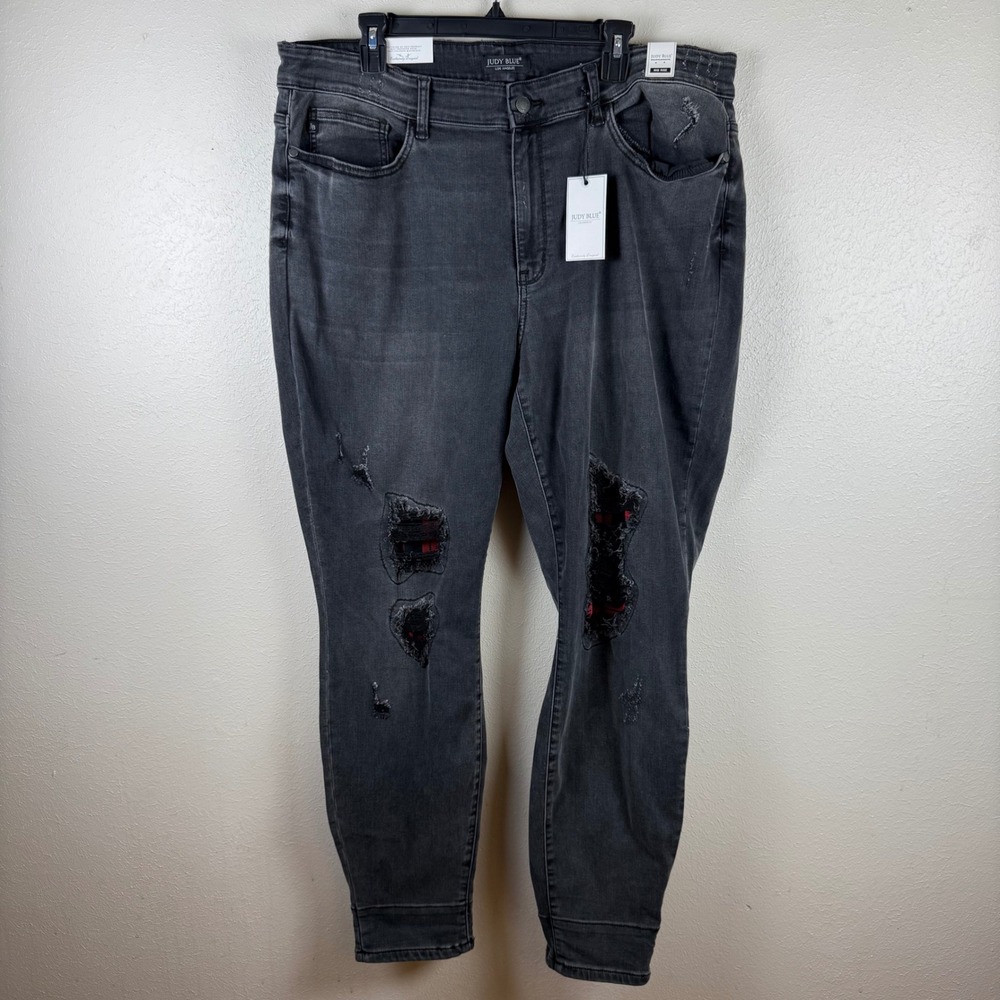 Judy Blue Skinny Leg Jeans Distressed Patchwork Red Plaid Women's Size 22W